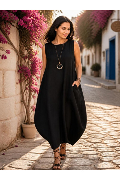 Bohemian فستان طويل بياقة قارب أسود للنساء