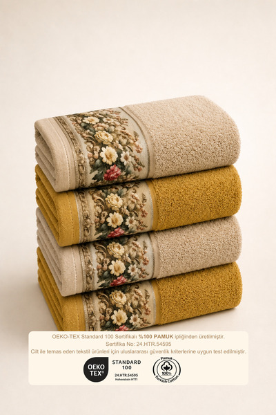 Ellaline FIORE 4-piece Towel Set 100% Cotton Certified, Floral Print Hand / Face / Kitchen Towel 50x90cm