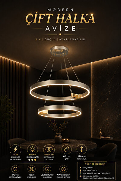 Elvora Home Modern (PREMİUM) LED Sarkıt Avize 3 Renk Ayarlı Gold Detaylı Çift...