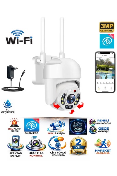 SLTECH OKAM 3031 Wİ-Fİ Tek Kameralı 3MP Hareket Takip Sensörlü Su Geçirmez Wi...
