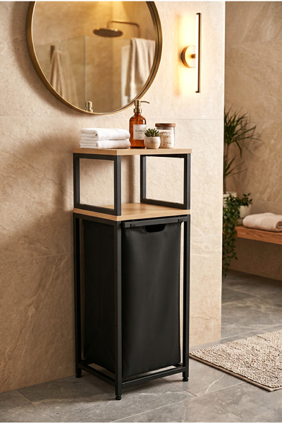 miyuhome Metal Kızaklı Çamaşır Sepeti Raflı 40 LT Kirli Sepeti Büyük Boy Rafl...
