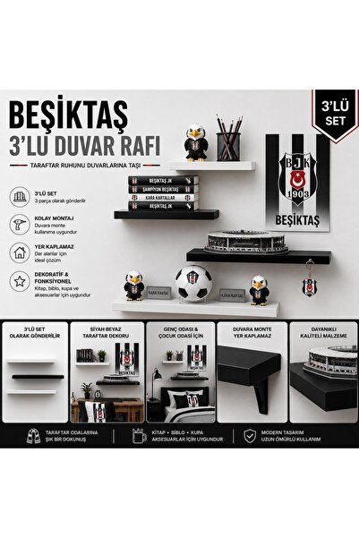 BMD MOBİLYA Siyah Beyaz Temalı Dekoratif Duvar Rafı Seti – Taraftar Rafı Genç...