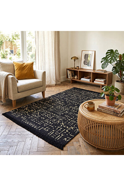 OEM Traditional Woven Rug , 2 Sides, Black-Beige Ethnic Tribal Pattern, 120x1...