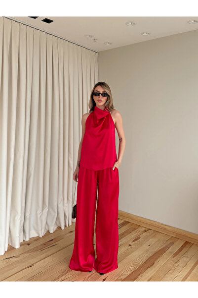 Laluvia Red Satin Blouse Pants Set - 30433