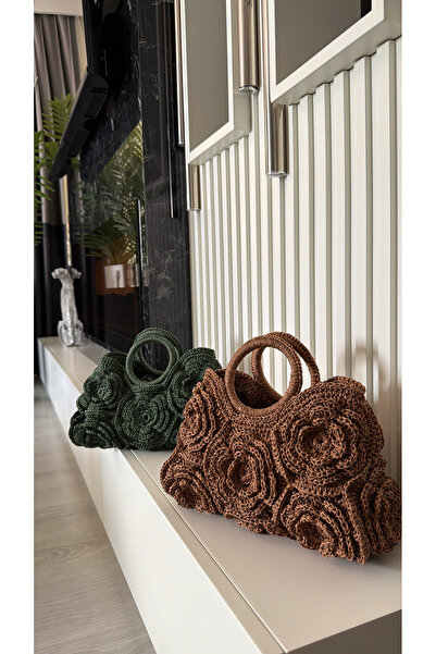 WOMANBAG HASIR EL YAPIMI ÇİÇEKLİ EL ÇANTASI (kahverengi 37x25cm)