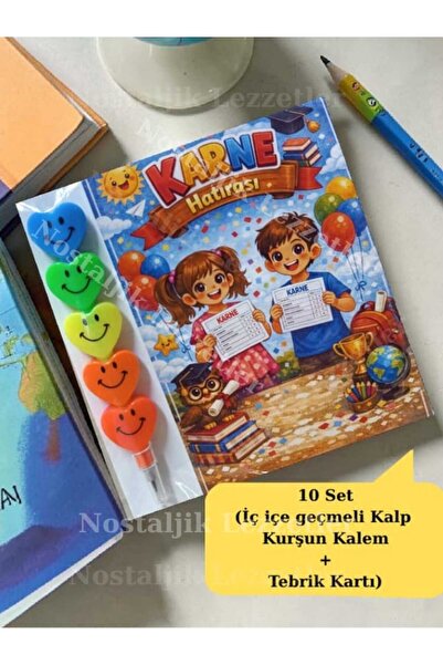 Nostaljik Lezzetler Karne Hediyesi 10 Set Kalp Kurşun Kalem ve Tebrik Kartı