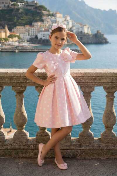 Pamina 3-7 Yaş Kız Çocuk Abiye Elbise Düğün Doğum Günü Modeli Pudra Puantiyel...