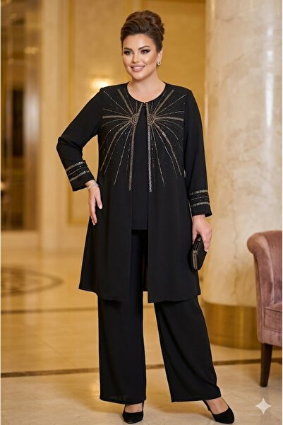 elma abone Plus Size Evening Dress with Stone-Embellished Tunic and Pants Set