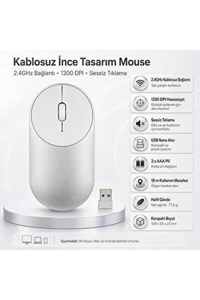 YUES Kablosuz Mouse 1200 DPI 2.4GHz USB Nano Alıcılı Sessiz Tıklamalı İnce Op...