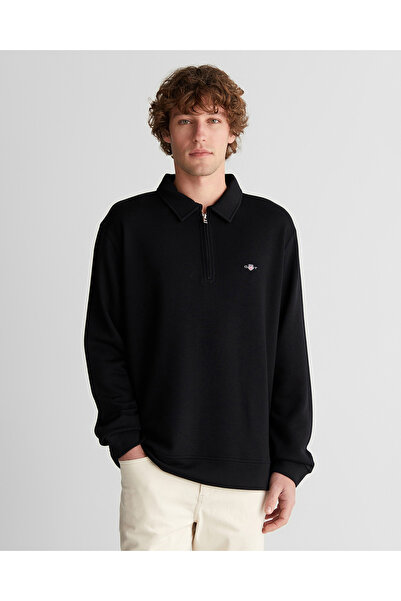Gant Erkek Siyah Relaxed Fit Yarım Fermuarlı Logolu Sweatshirt
