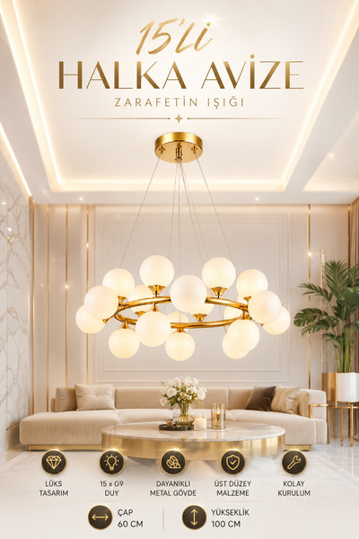 Elvora Home Modern (PREMİUM) Gold Halka Avize 15’li Opal Küre Sarkıt Salon Av...