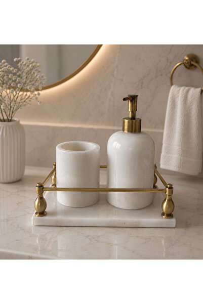 DMR HOME Lüks Mermer Banyo Seti Antik Pirinç Detaylı Sabunluk ve Diş Fırçalık...