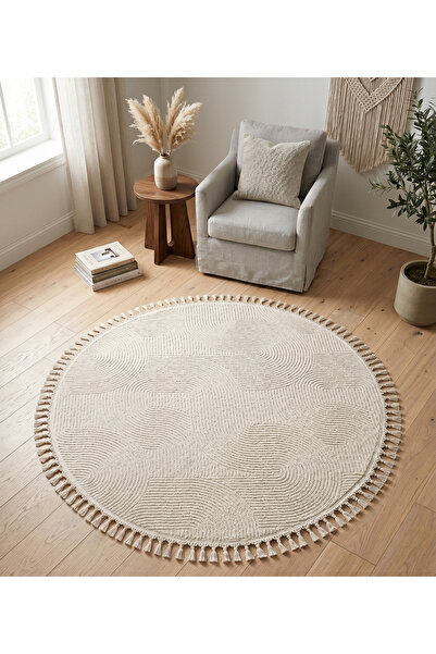 Valery Home Merinos Rölyef Joy Krem Daire Kaymaz Taban Kesme Halı Pon Pon