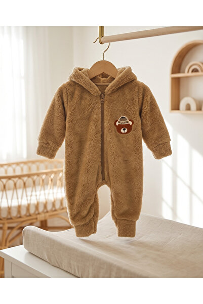 Hirazenmoda Bebek Peluş Tulum Ayıcık Desenli Kapüşonlu Fermuarlı Kışlık Model