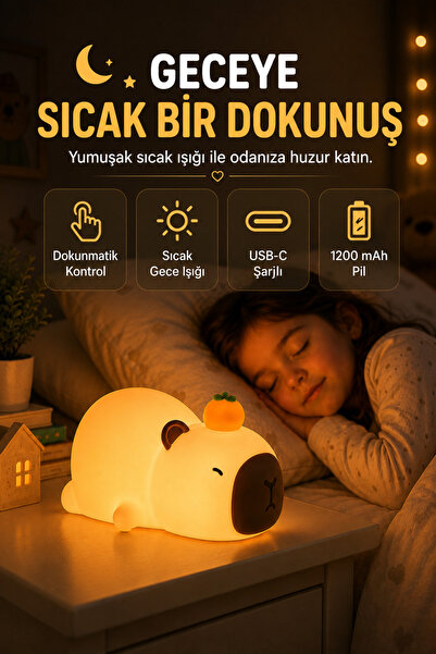 OpenCity Capybara Gece Lambası Dokunmatik USB Şarjlı Yumuşak Silikon Çocuk Od...