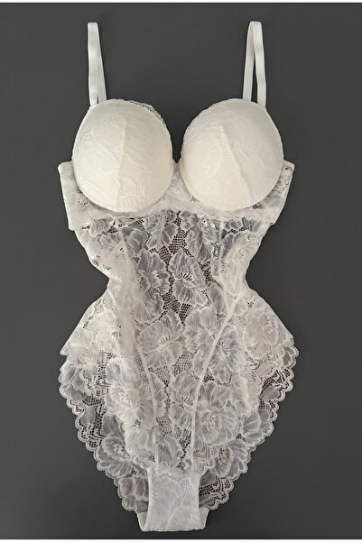 FNC design Kadın Beyaz Destekli Balenli Dantelli Büstiyer Bodysuit