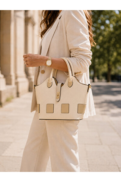 Bags Italia Geantă dama crem piele, model elegant office & casual chic