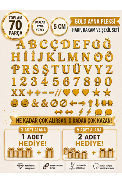 Bioren Kendinden Yapışkanlı Gold Aynalı Pleksi Harf Rakam ve Şekil Seti 70 Pa...