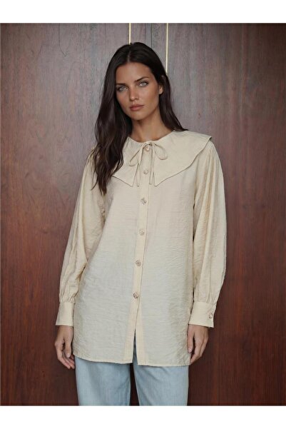 WeShaya Ecru Viscose Nylon Textured Baby Collar Long Sleeve Buttoned Cuff Com...