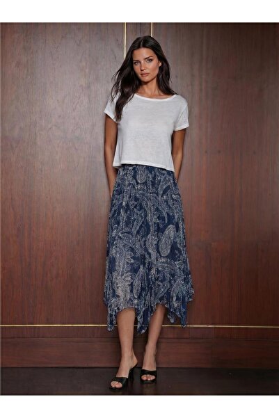WeShaya Navy Blue Asymmetrical Tulle Chiffon Lined Elastic Waist Detailed Pol...