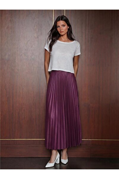 WeShaya Purple Leather Look Polyester Fabric High Waist Long Length Pleated S...