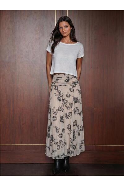 WeShaya Cream Patterned Chiffon Skirt, Lined Long Cut Flowy Polyester Fabric ...