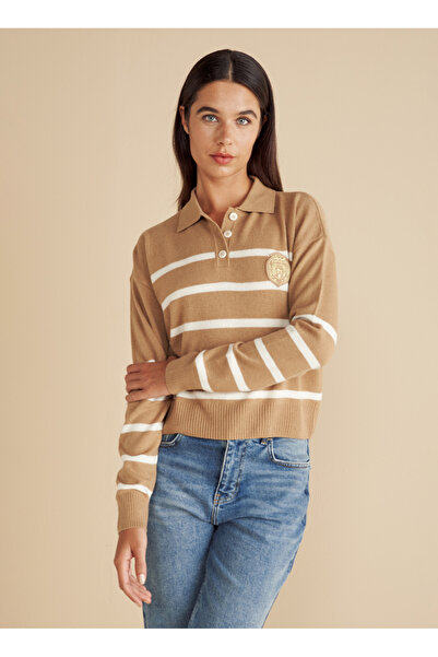 BROOKS BROTHERS Kadın Camel-Ekru Yün Karışımlı Polo Yaka Çizgili Peçli Kazak