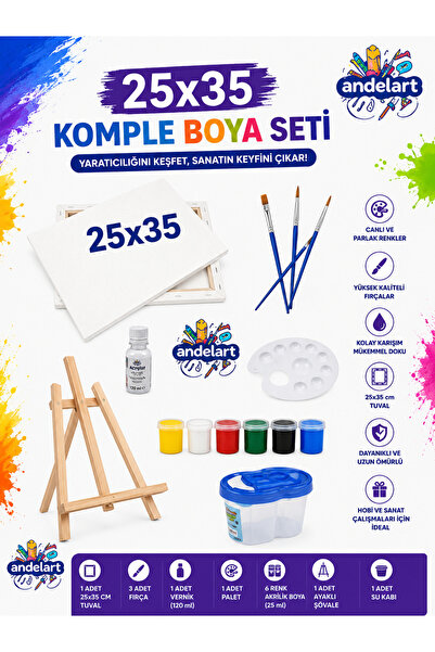 andelart Resim Boya Seti - Mini Masa Şövalesi, 1 Tuval, Resim Verniği, Akrili...