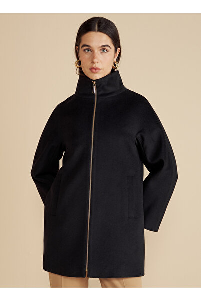 BROOKS BROTHERS Siyah Kadın Kaban Dik Yakalı Kısa Yün Kaban