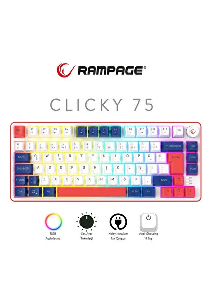 Rampage Clicky 75 Üç Renkli Mekanik Hisli RGB Türkçe Q Membrane Oyuncu Klavyesi