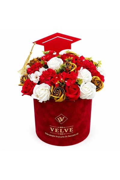 velve Aranjament floral pentru absolvire, in cutie rotunda cu trandafiri, flo...