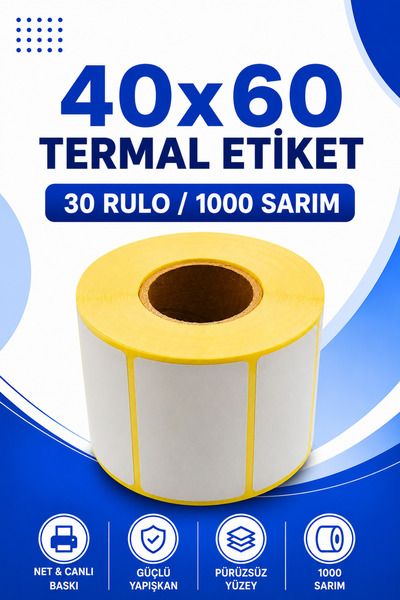 Küresel Etiket Barkod 40x60mm Termal Etiket | 30 Rulo | 1000 Sarım | Ribonsuz...