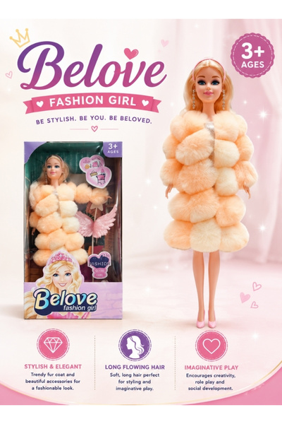 Premium Belove Fashion Girl Doll – Peach Faux Fur Coat Toy