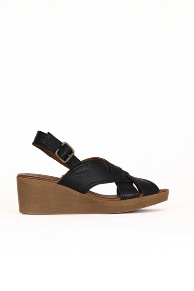 Bueno Shoes Black Leather Women's Wedge Heeled Sandals 01We3906