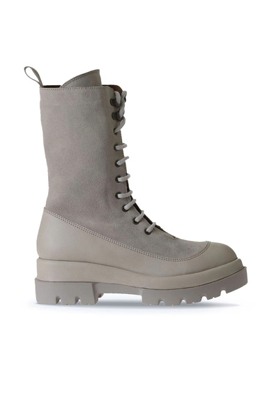 Bueno Shoes Cizme de damă cu toc cu pană din piele bej și piele intoarsa 01wv...