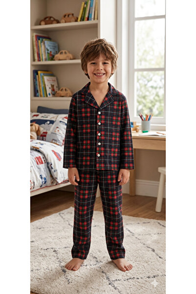 Generic Brand Set de pijamale cu guler cămașă cu mânecă lungă, cu model în ca...
