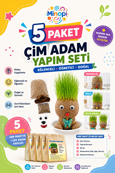 Minopi 5 Paket Çim Adam Yapım Seti Okul Eğitici Deney Seti Çim Adam Seti