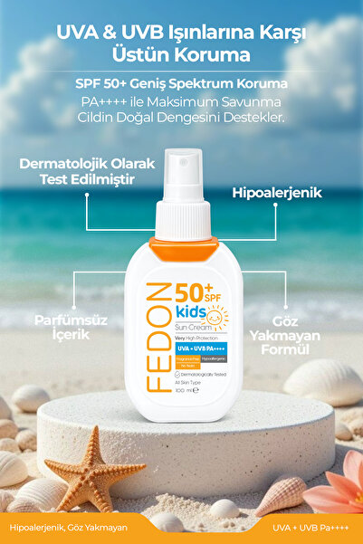 fedon Kids SPF 50 Çocuk Bebek Güneş Kremi 100 ml Suya Dayanıklı Hipoalerjenik Parfümsüz Göz Yakmayan
