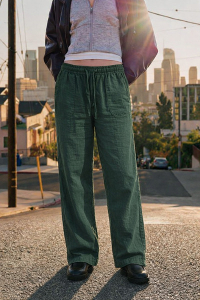 DAMGA JEANS Women's High Waist Loose Summer K.Khaki Jogger Linen Trousers