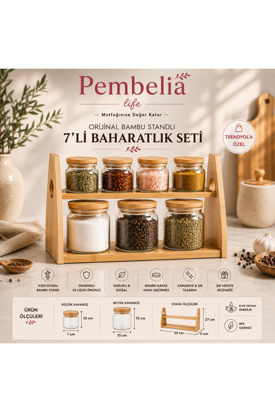 Pembelia Life 8 Parça Bambu Standlı Cam Baharatlık Seti Baharat Saklama Kabı ...