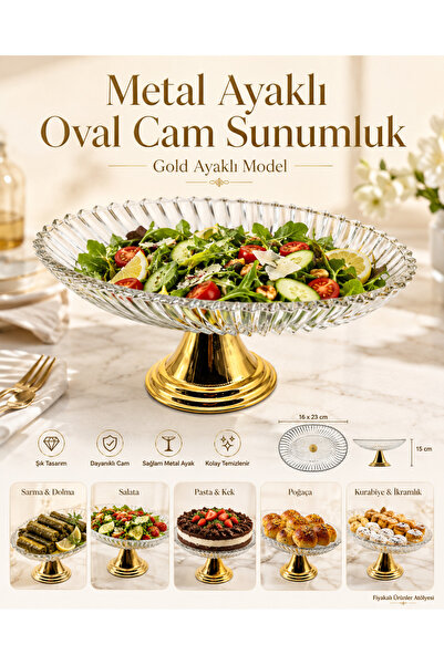 Fiyakalı Ürünler Atölyesi Gold Ayaklı Elips Cam Sunumluk Kase, Sarma, Dolma, ...