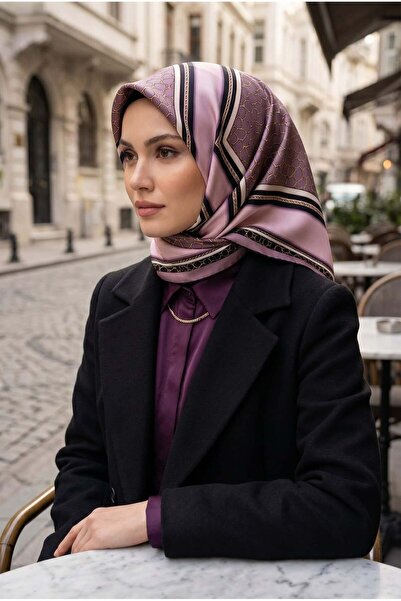 Vissona %100 Twill İpek Gold Halka Desenli Pudra - Siyah Renkli 90x90 Eşarp D...