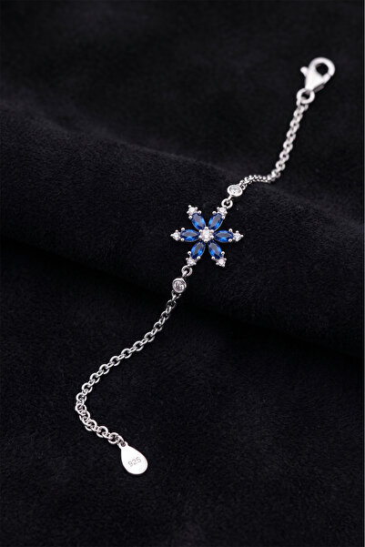 Roza Silver 925 Ayar Safir Taşlı Rodyum Lotus Çiçeği Gümüş Bileklik