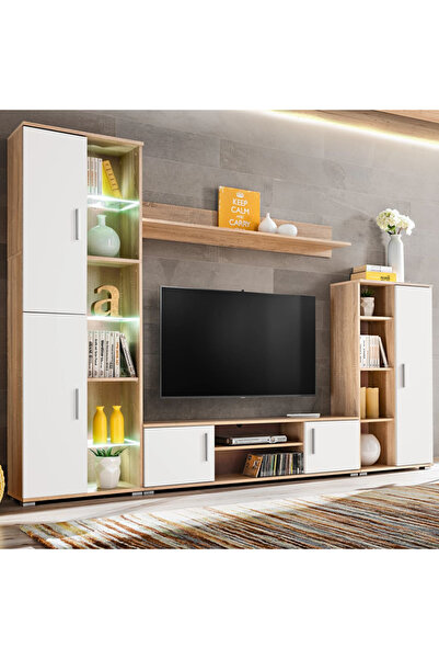 Concept Mobilier sufragerie spațiu TV, lumini LED, Stejar Sonoma și Alb