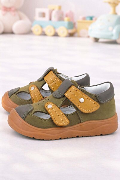 Rakerplus Genuine Leather Khaki Green Velcro Baby Sandals