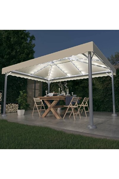 Concept Pavilion cu perdele&șiruri lumini LED,crem,400x300 cm, aluminiu