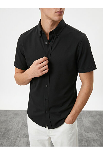 WAMOSSALAPLI Erkek Slim Fit Dar Kesim Kısa Kollu Düğmeli Yaka Siyah Gömlek