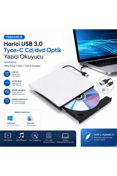 GreaTech Taşınabilir Harici USB 3.0 Tyce-C CD/DVD Optik Yazıcı Okuyucu Ultra ...