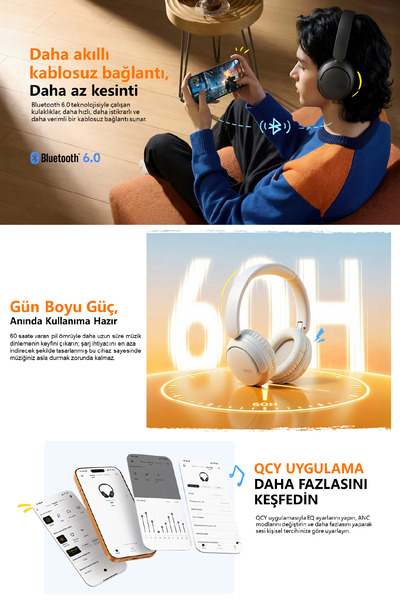 QCY H2s Lite 6.0 Bluetooth Kulaklık ENC Net Çağrı - Çift Cihaz 40 mm Dinamik Sürücü - 60 Saat Dinle