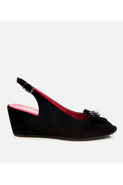 Hotiç Women's Suede Leather Black Flexible Wedge Heeled Sandals